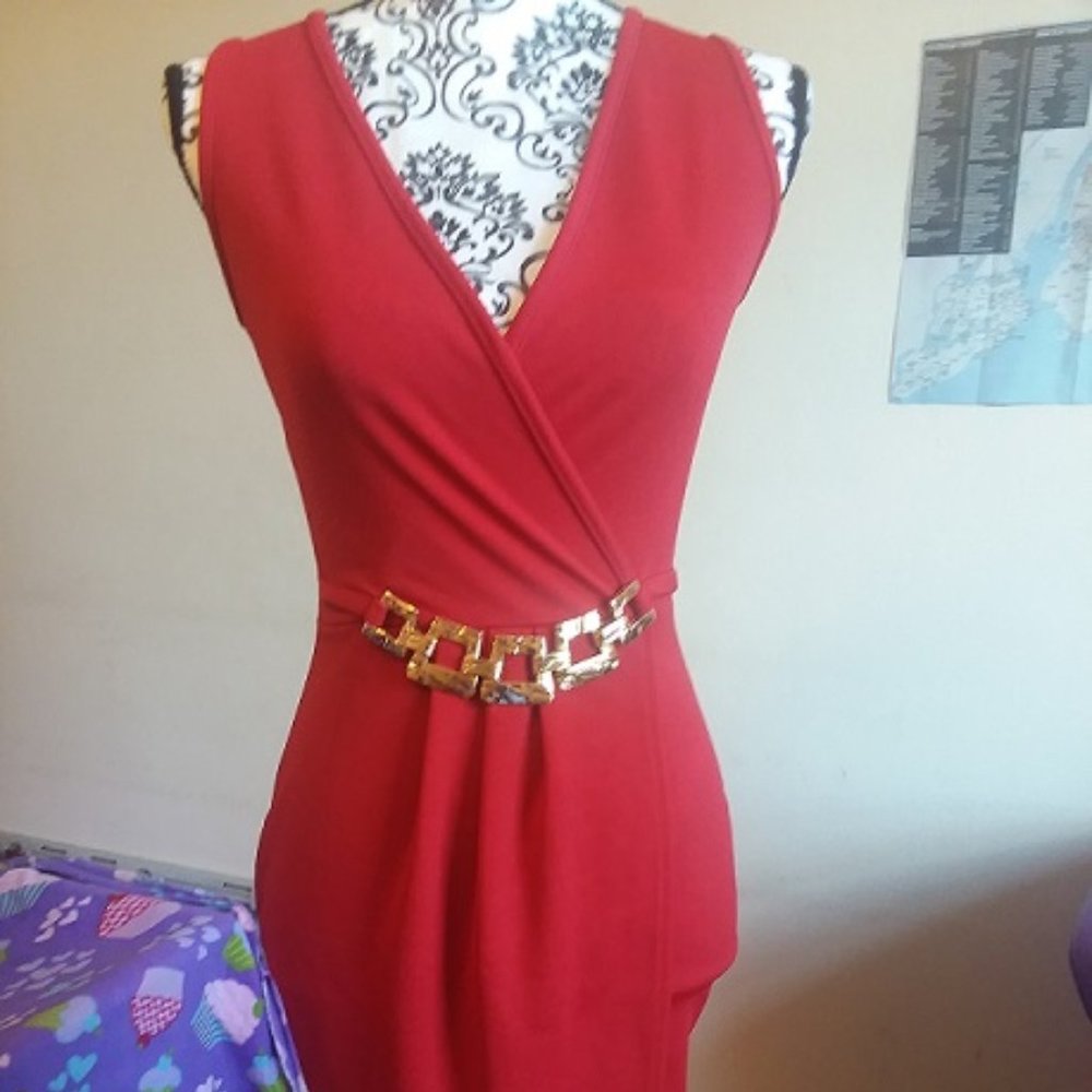 NBW red tunic dress with decorative gold belt